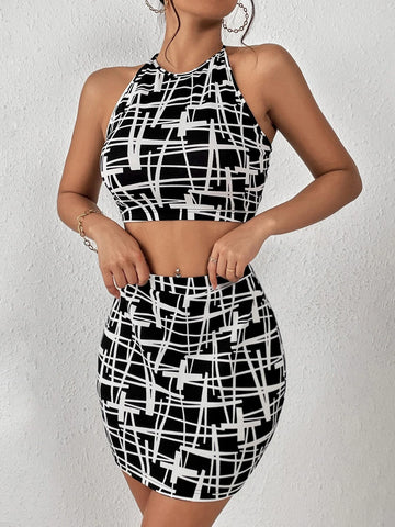 Allover Print Crop Tank Top & Bodycon Skirt