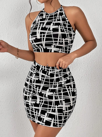Allover Print Crop Tank Top & Bodycon Skirt