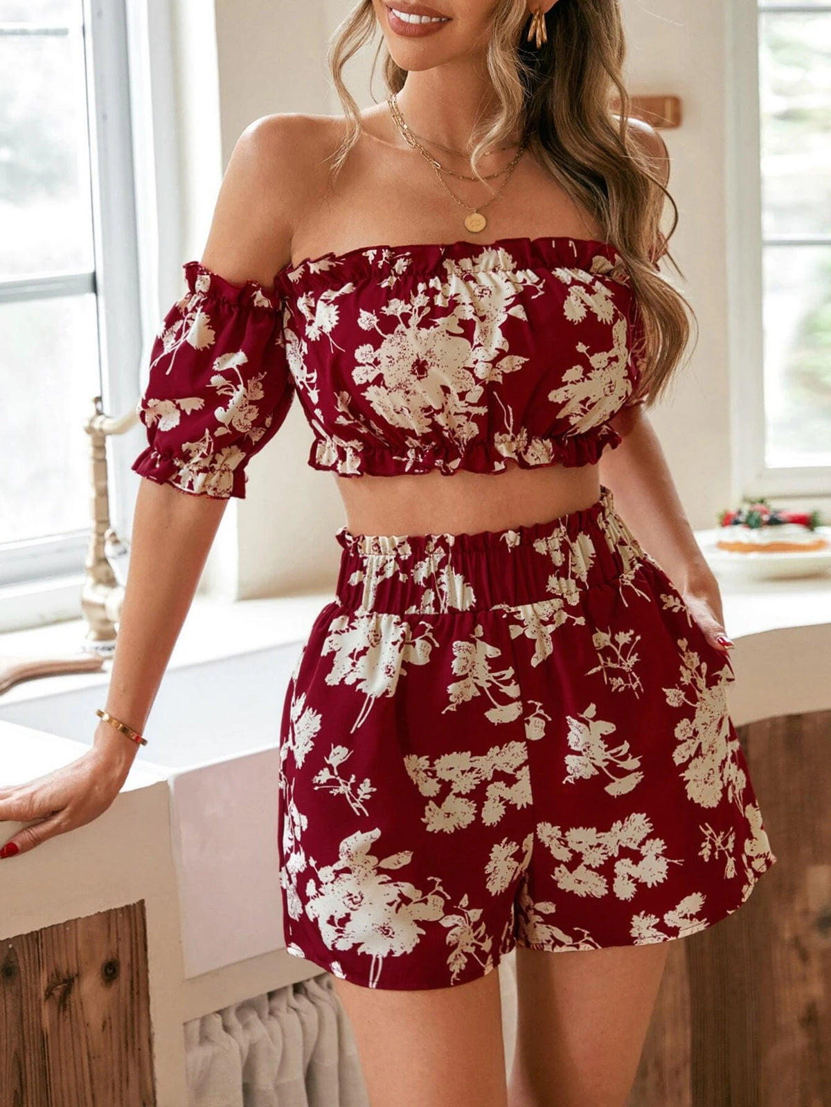 Floral Print Off Shoulder Frill Trim Crop Top & Shorts