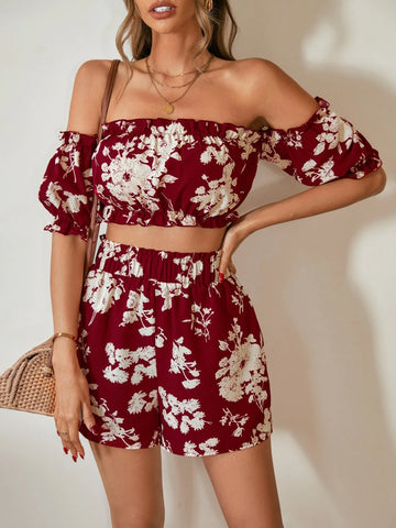 Floral Print Off Shoulder Frill Trim Crop Top & Shorts