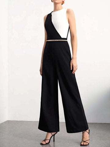 Two Tone Wide Leg Jumpsuit Without Belt
