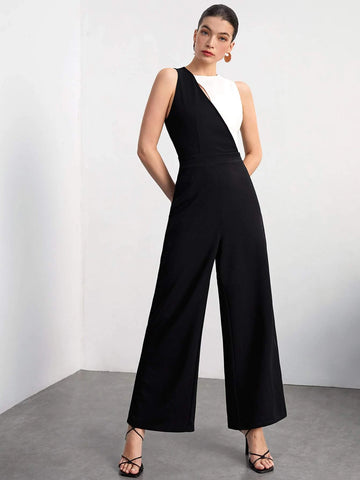 Two Tone Wide Leg Jumpsuit Without Belt
