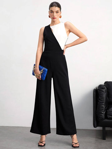 Two Tone Wide Leg Jumpsuit Without Belt