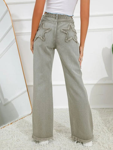 Star Pattern Raw Hem Flare Leg Jeans