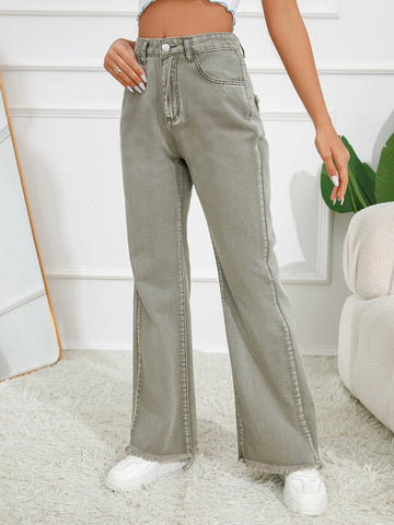 Star Pattern Raw Hem Flare Leg Jeans