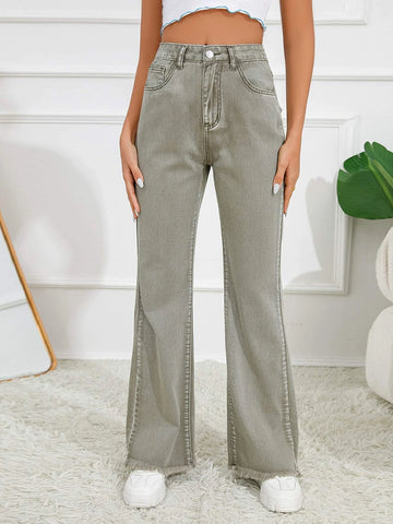 Star Pattern Raw Hem Flare Leg Jeans