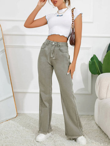 Star Pattern Raw Hem Flare Leg Jeans