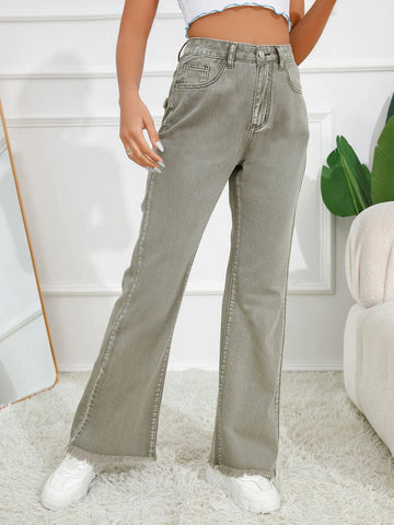 Star Pattern Raw Hem Flare Leg Jeans