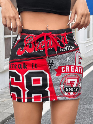 EZwear Letter Graphic Drawstring Waist Bodycon Skirt