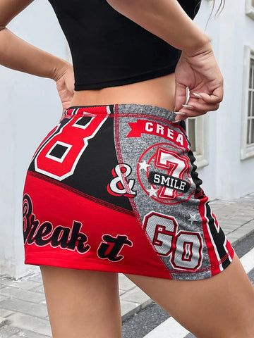 EZwear Letter Graphic Drawstring Waist Bodycon Skirt