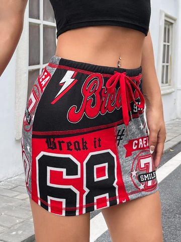 EZwear Letter Graphic Drawstring Waist Bodycon Skirt