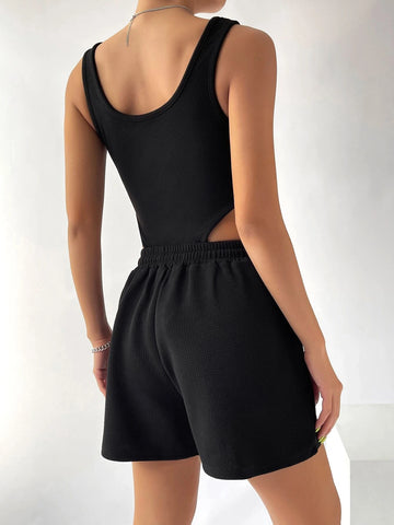 EZwear Solid High Cut Bodysuit & Drawstring Waist Shorts