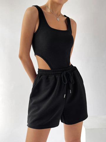 EZwear Solid High Cut Bodysuit & Drawstring Waist Shorts