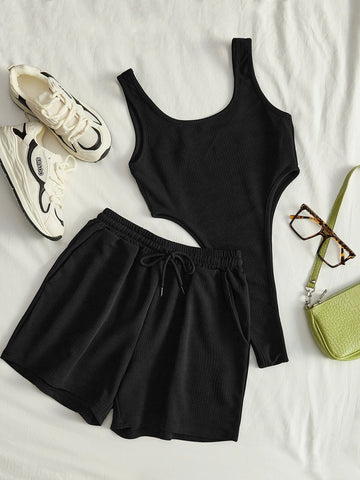 EZwear Solid High Cut Bodysuit & Drawstring Waist Shorts