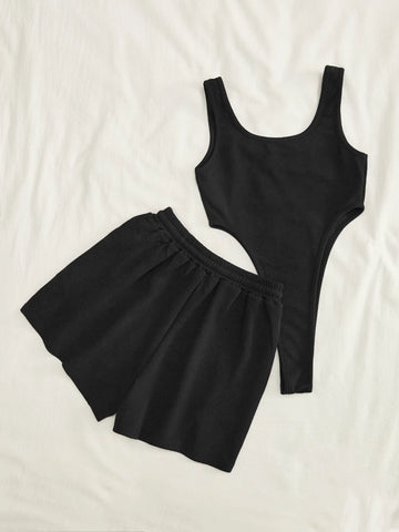EZwear Solid High Cut Bodysuit & Drawstring Waist Shorts