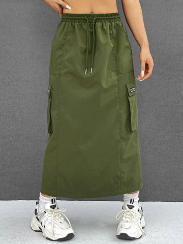 EZwear Letter Patched Detail Drawstring Waist Flap Pocket Cargo Skirt
