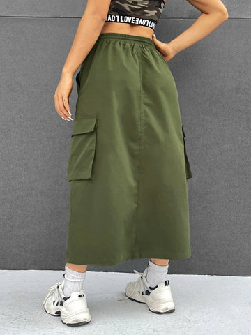 EZwear Letter Patched Detail Drawstring Waist Flap Pocket Cargo Skirt