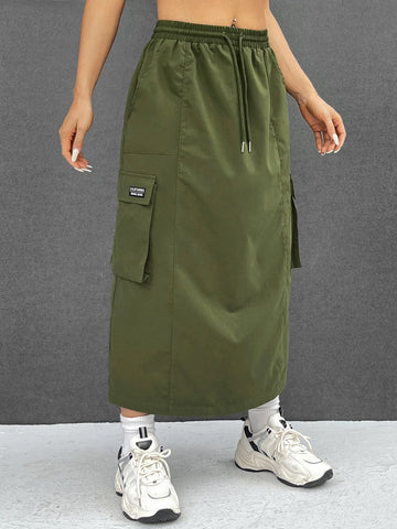 EZwear Letter Patched Detail Drawstring Waist Flap Pocket Cargo Skirt