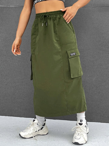 EZwear Letter Patched Detail Drawstring Waist Flap Pocket Cargo Skirt