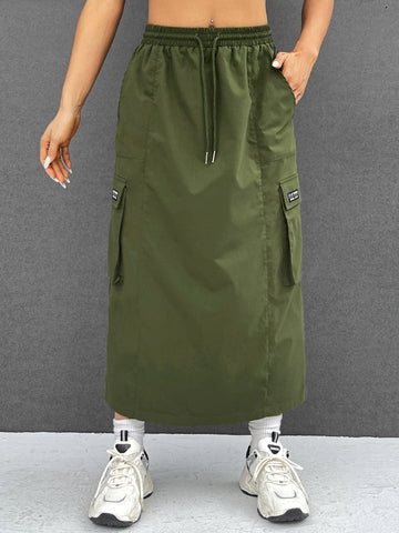 EZwear Letter Patched Detail Drawstring Waist Flap Pocket Cargo Skirt