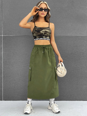 EZwear Letter Patched Detail Drawstring Waist Flap Pocket Cargo Skirt