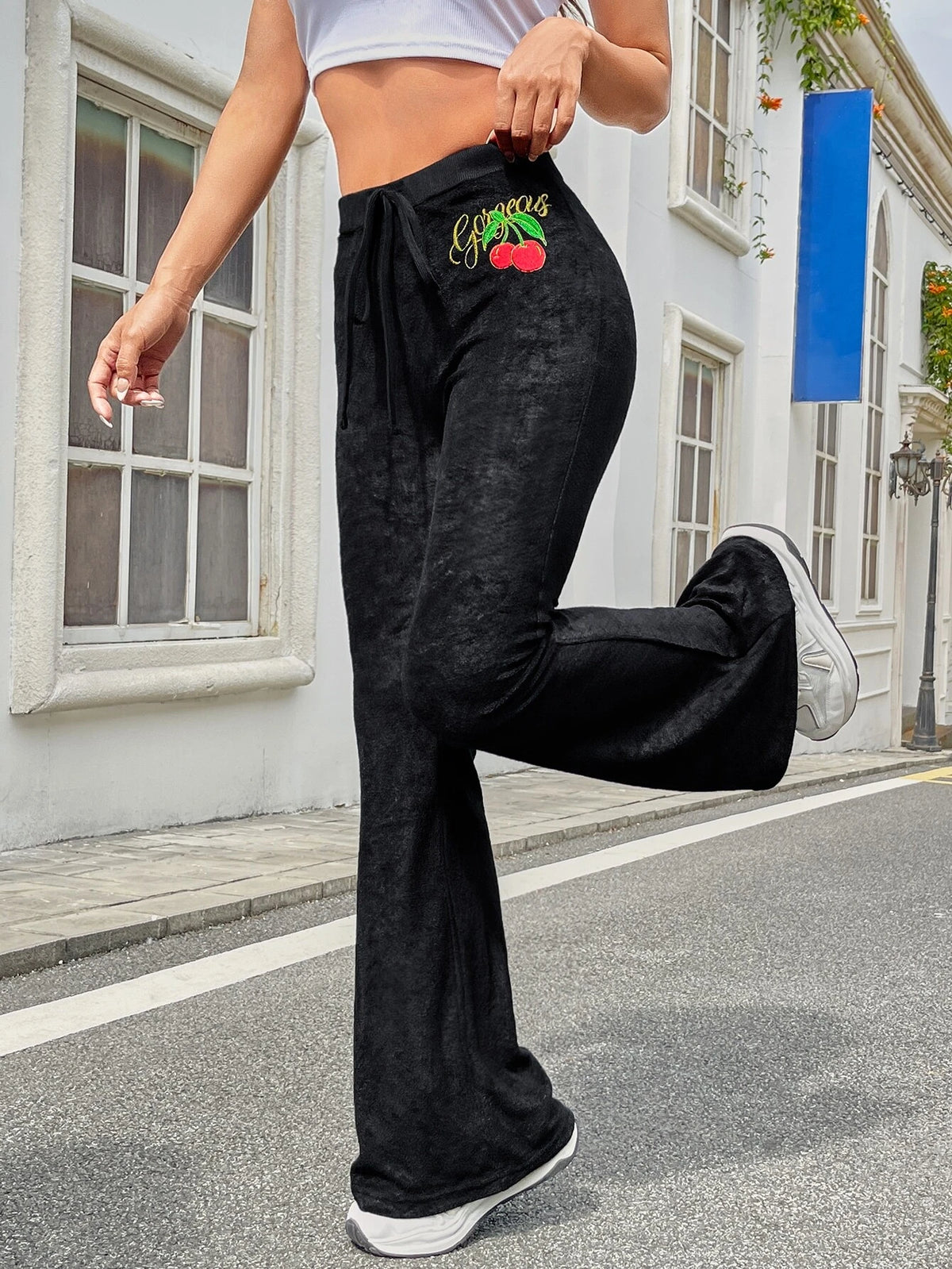 EZwear Cherry & Letter Embroidery Drawstring Waist Flare Leg Pants
