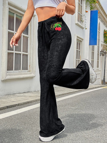 EZwear Cherry & Letter Embroidery Drawstring Waist Flare Leg Pants