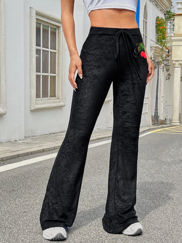 EZwear Cherry & Letter Embroidery Drawstring Waist Flare Leg Pants
