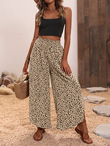 Allover Print Asymmetrical Hem Wide Leg Pants