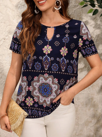 EMERY ROSE Mandala Print Keyhole Neckline Blouse