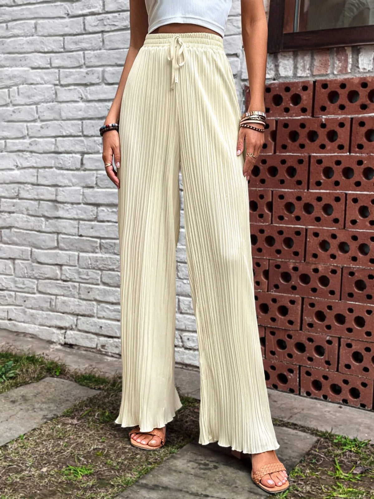 EMERY ROSE Solid Lettuce Trim Plisse Wide Leg Pants