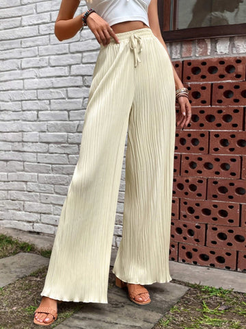 EMERY ROSE Solid Lettuce Trim Plisse Wide Leg Pants