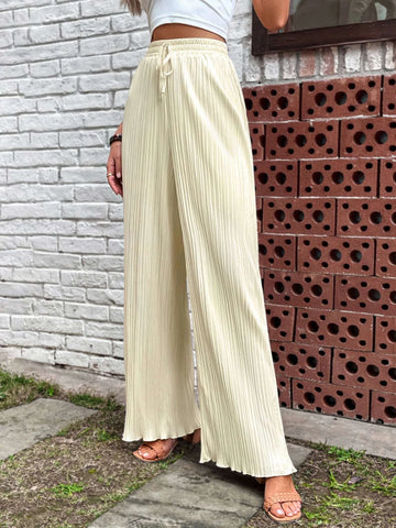 EMERY ROSE Solid Lettuce Trim Plisse Wide Leg Pants