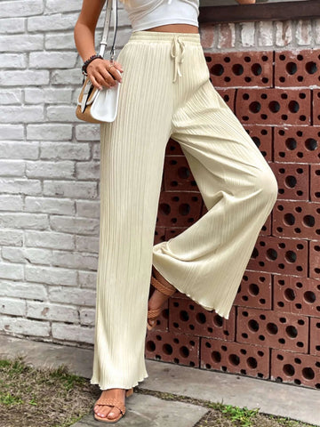 EMERY ROSE Solid Lettuce Trim Plisse Wide Leg Pants