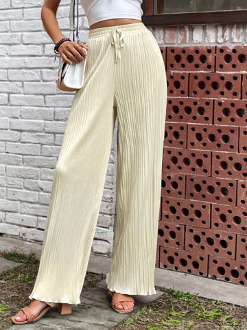 EMERY ROSE Solid Lettuce Trim Plisse Wide Leg Pants