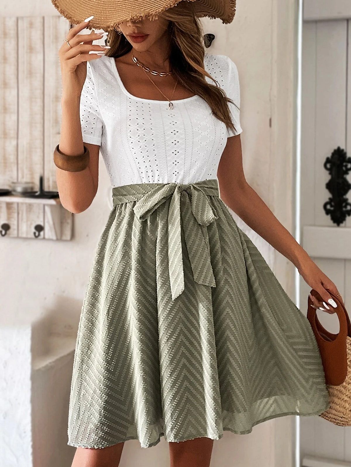 EMERY ROSE Eyelet Embroidery Square Neck Belted Dress