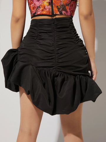 Ruched Ruffle Hem Skirt