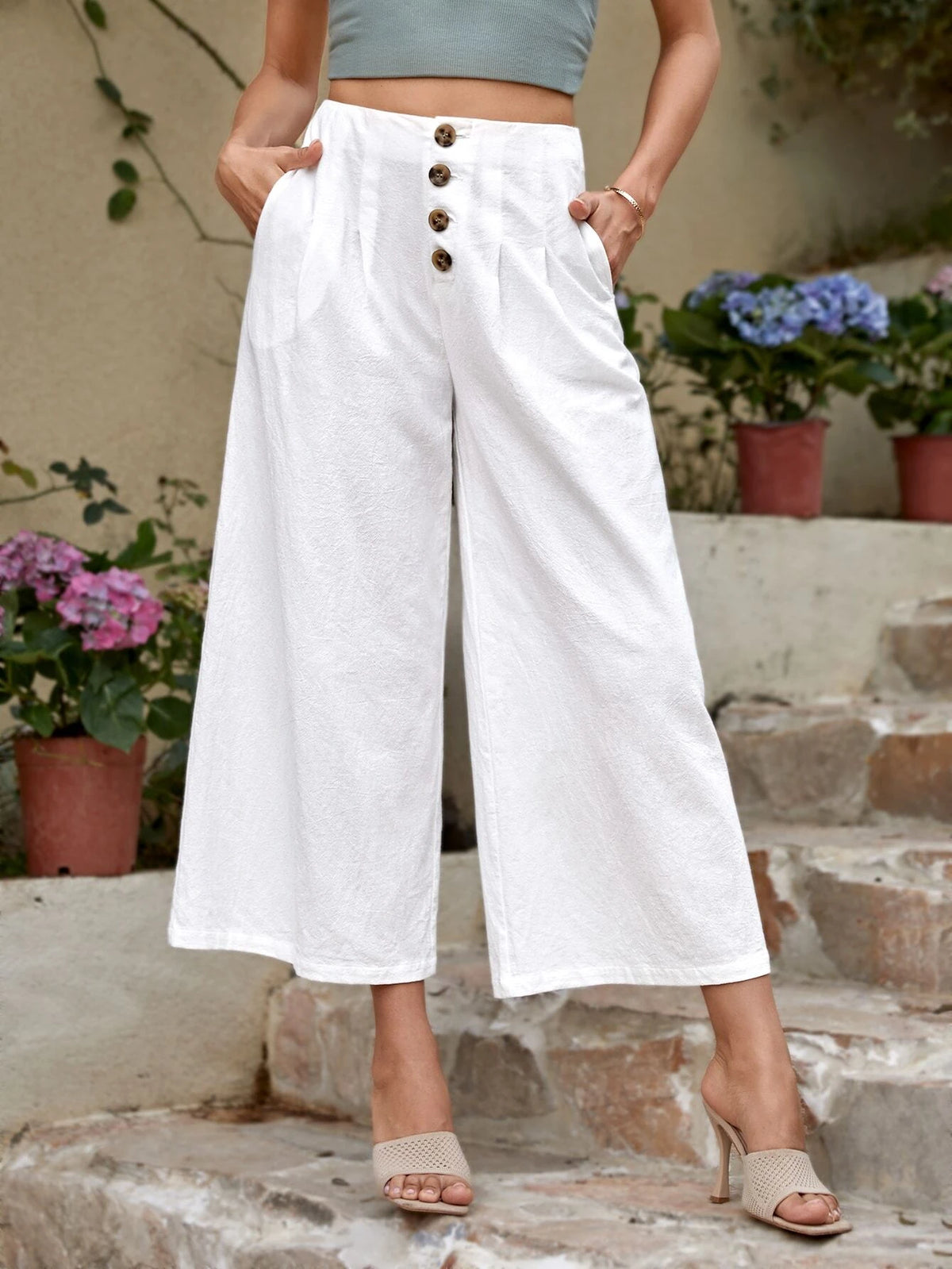 EMERY ROSE Button Fly Slant Pocket Wide Leg Pants
