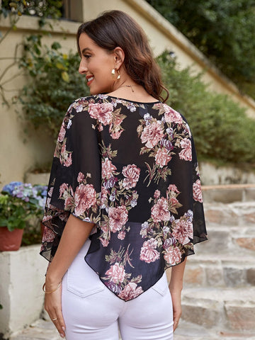 EMERY ROSE Floral Print Batwing Sleeve Asymmetrical Hem Blouse
