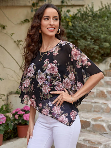 EMERY ROSE Floral Print Batwing Sleeve Asymmetrical Hem Blouse