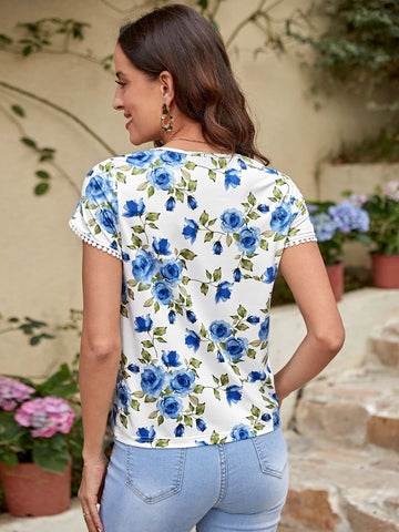 EMERY ROSE Floral Print Guipure Lace Trim Petal Sleeve Tee