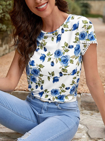 EMERY ROSE Floral Print Guipure Lace Trim Petal Sleeve Tee