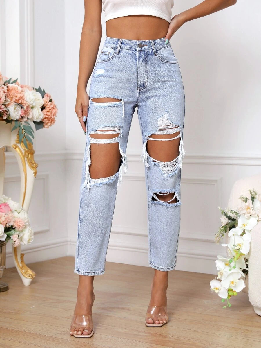 Cut Out Ripped Mom Fit Jeans