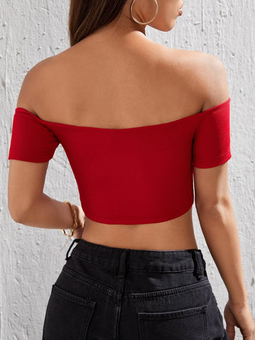 PETITE Off Shoulder Twist Front Crop Tee