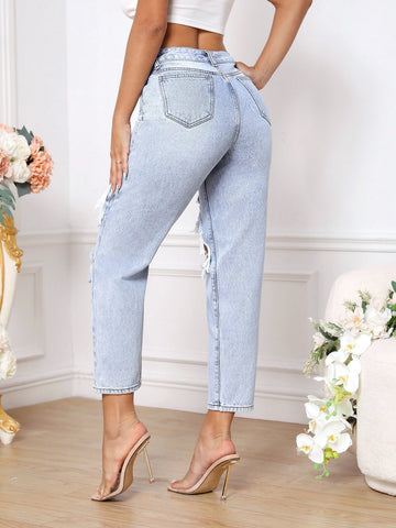 Cut Out Ripped Mom Fit Jeans