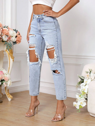 Cut Out Ripped Mom Fit Jeans