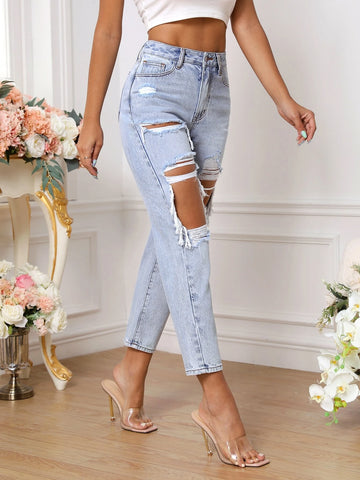 Cut Out Ripped Mom Fit Jeans