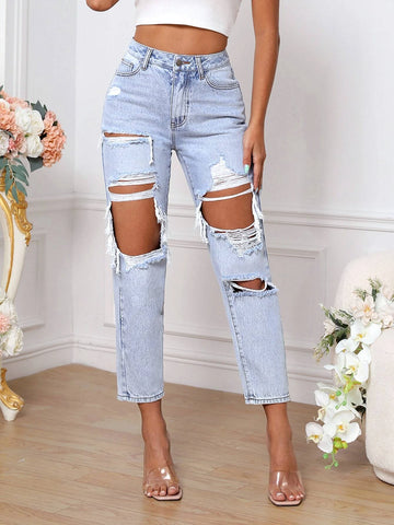 Cut Out Ripped Mom Fit Jeans
