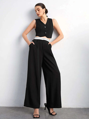 Button Front Vest Jacket & Wide Leg Pants
