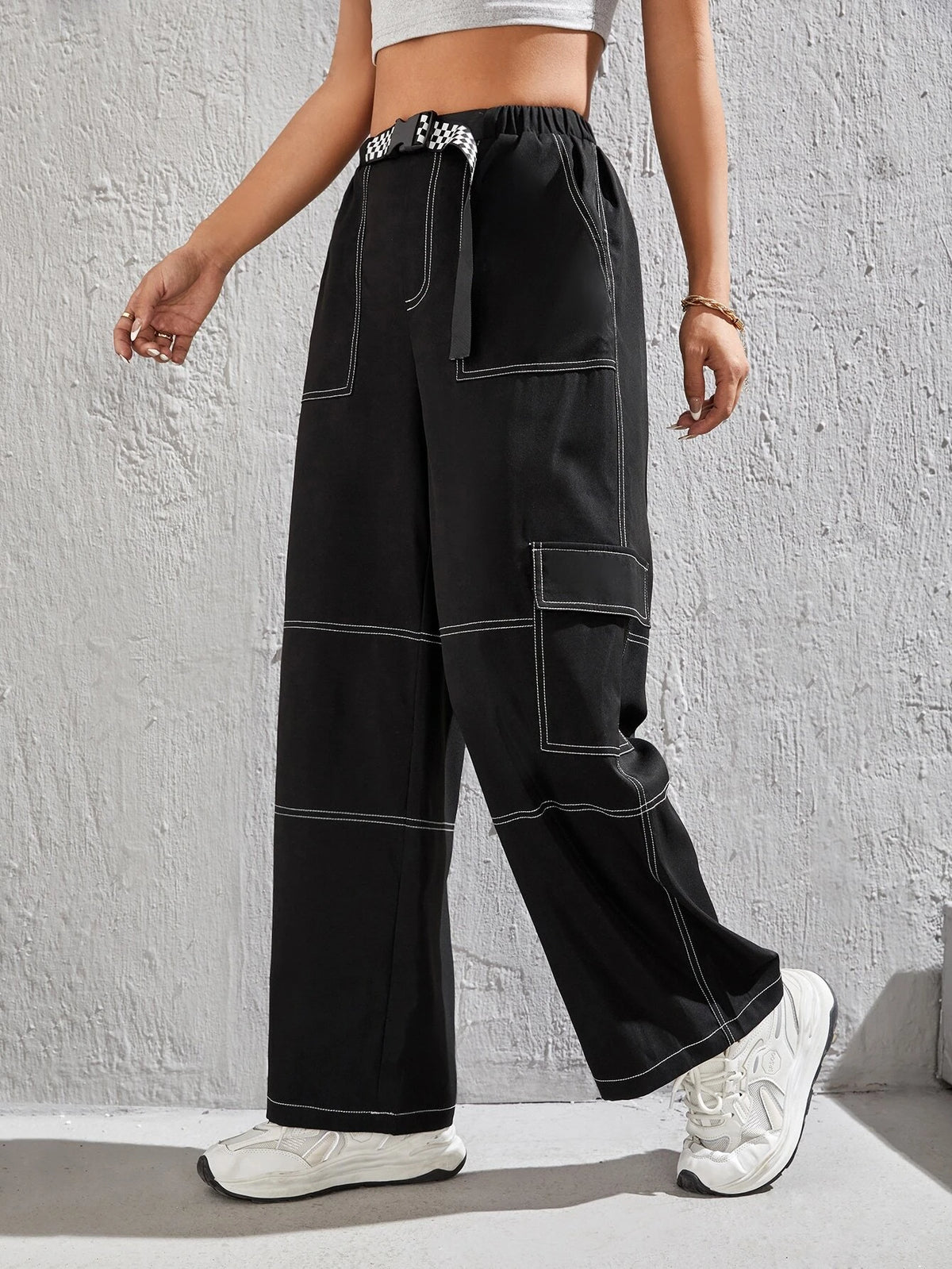 PETITE Top-stitching Flap Pocket Side Cargo Pants